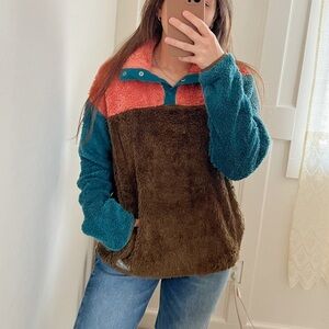 Eddie Bauer quest sherpa snap mock color block brown pink and blue